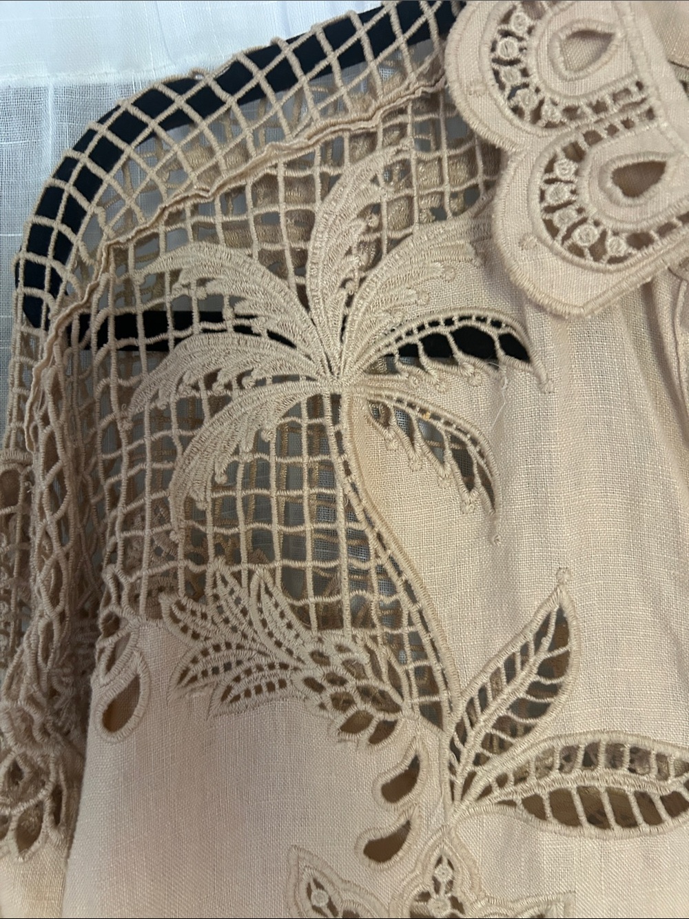 FARM Rio Palms Richelieu linen Cutwork Button-Front shirt in sand. - Picture 3 of 8